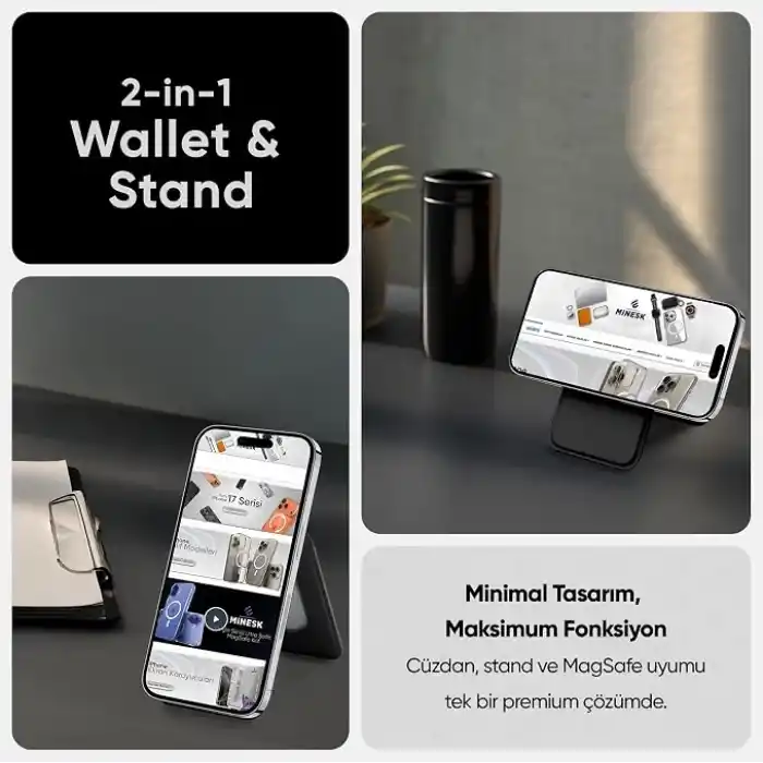 Minesk iPhone için Magsafe ile Uyumlu 2’si 1 Arada Cüzdan ve Stand Manyetik Kartlık Yenilenmiş V2 Güçlü Mıktanıs ile Süper Yapışma ve Sağlam Tutuş (Siyah, Stand)
