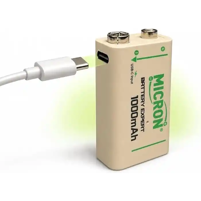 Micron 9V Şarj Edilebilir Lityum Pil 1000 Döngü USB Type-C Yassı Pil, 9V Pil