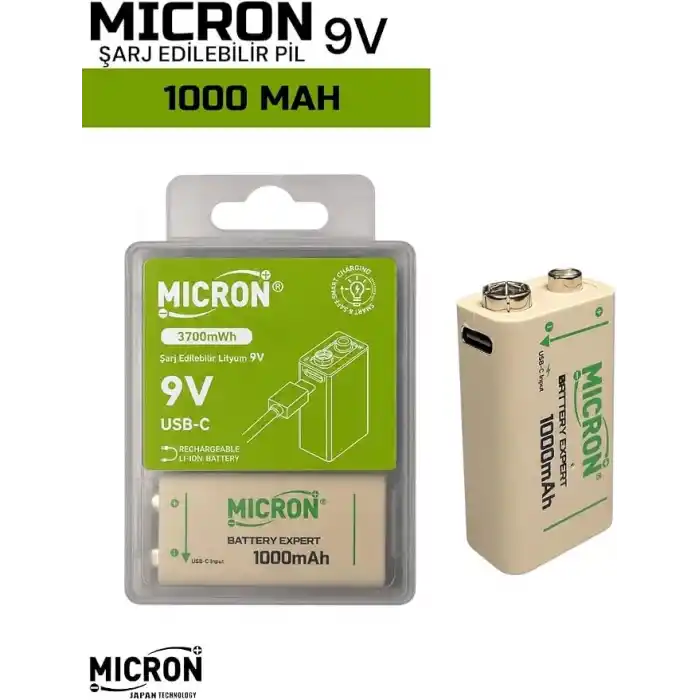 Micron 9V Şarj Edilebilir Lityum Pil 1000 Döngü USB Type-C Yassı Pil, 9V Pil