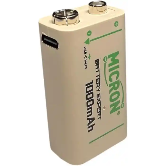 Micron 9V Şarj Edilebilir Lityum Pil 1000 Döngü USB Type-C Yassı Pil, 9V Pil