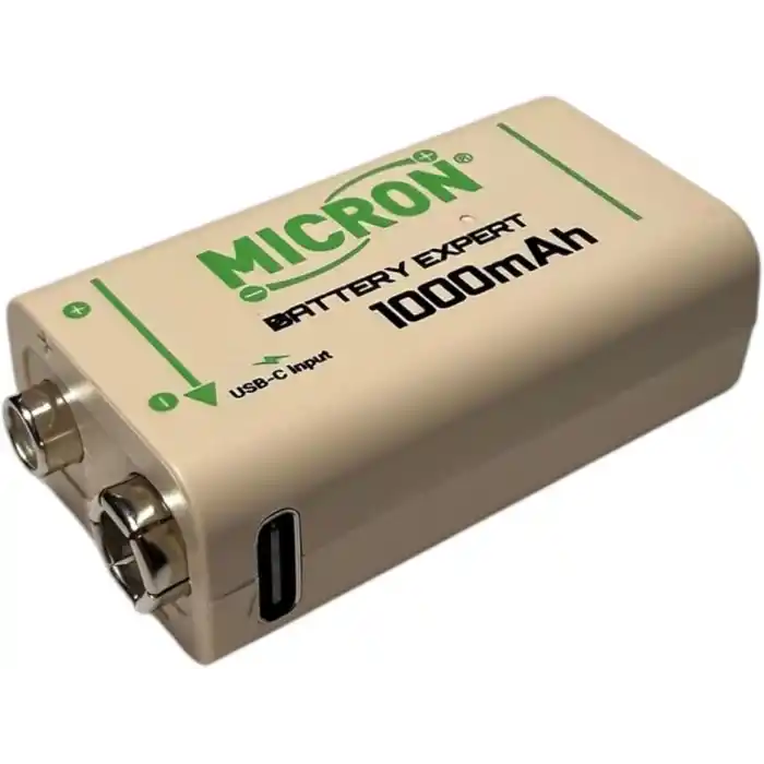 Micron 9V Şarj Edilebilir Lityum Pil 1000 Döngü USB Type-C Yassı Pil, 9V Pil