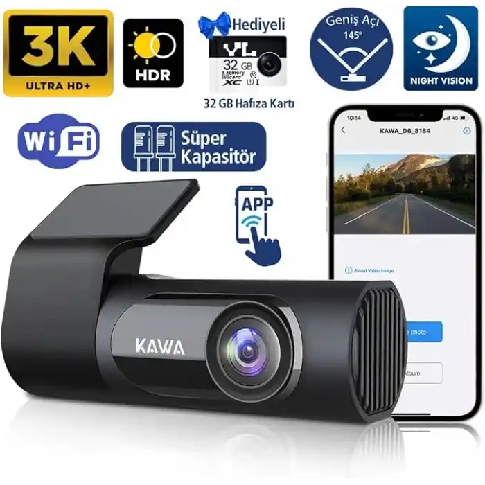 Kawa D6 3K 1620P WDR WiFi 145° Geniş Açı Lens Araç Kamerası + 32GB Hafıza kartı