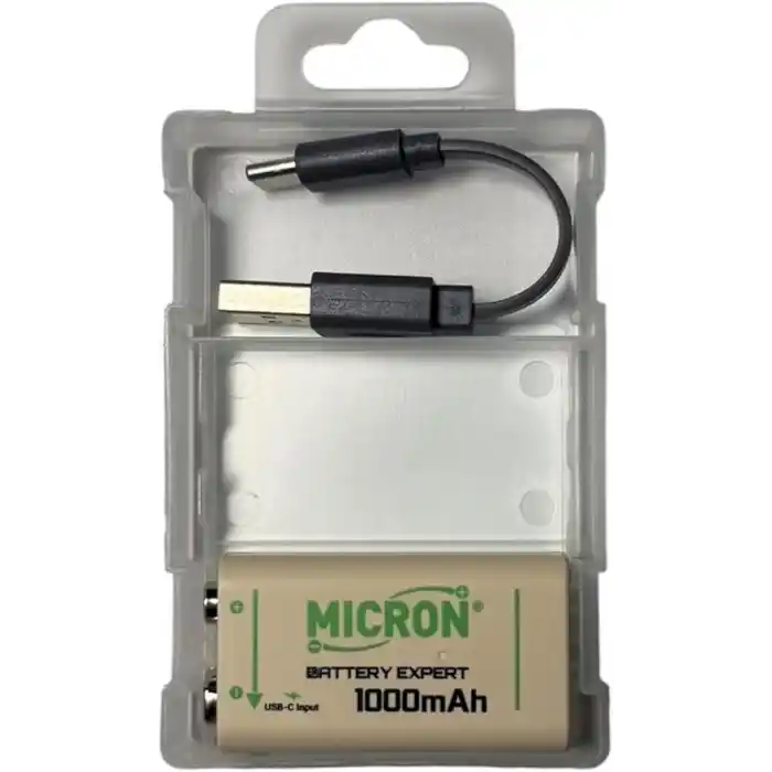 Micron 9V Şarj Edilebilir Lityum Pil 1000 Döngü USB Type-C Yassı Pil, 9V Pil
