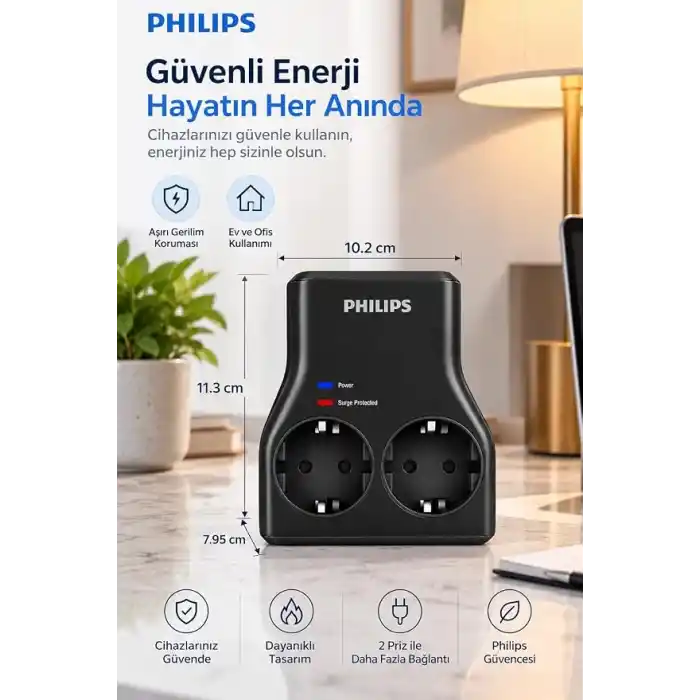 Philips CHP7022B/62 İkili Akım Korumalı Priz 1140J Aşırı Gerilim Koruma