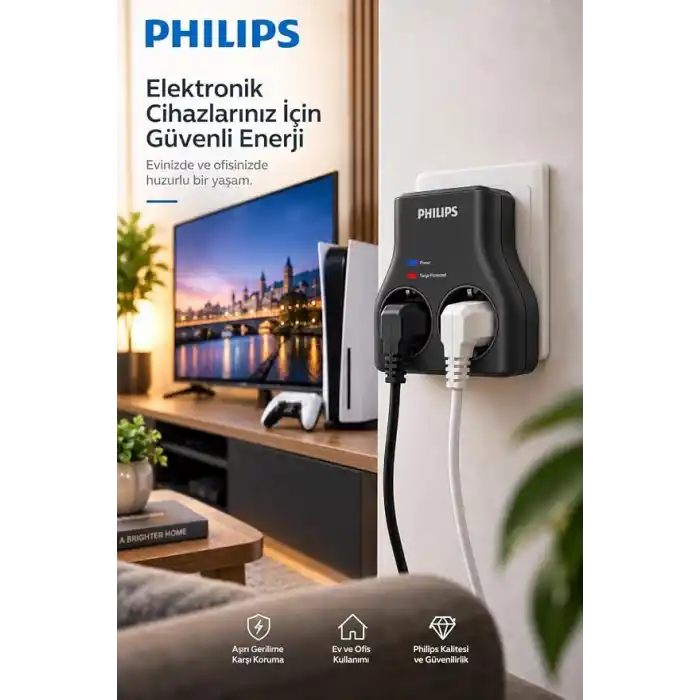 Philips CHP7022B/62 İkili Akım Korumalı Priz 1140J Aşırı Gerilim Koruma