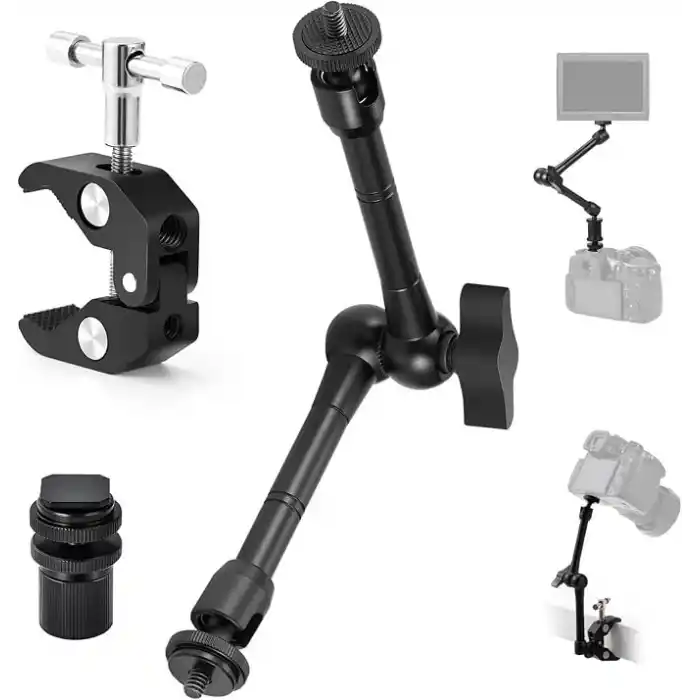 Coverzone Profesyonel Magic Arm DSLR Kamera Tutucu Süper Kelepçeli Mengene Stand, 1/4 3/8 Dişli Flaş Pabuçlu Esnek Mafsallı Kol Tripod Masa Gidon Monitör Mikrofon Aksiyon Kamera Sabitleme, MG01, Siyah