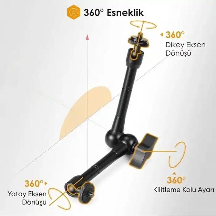 Coverzone Profesyonel Magic Arm DSLR Kamera Tutucu Süper Kelepçeli Mengene Stand, 1/4 3/8 Dişli Flaş Pabuçlu Esnek Mafsallı Kol Tripod Masa Gidon Monitör Mikrofon Aksiyon Kamera Sabitleme, MG01, Siyah