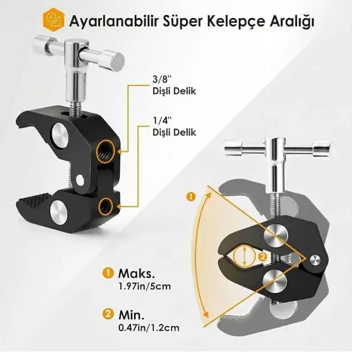 Coverzone Profesyonel Magic Arm DSLR Kamera Tutucu Süper Kelepçeli Mengene Stand, 1/4 3/8 Dişli Flaş Pabuçlu Esnek Mafsallı Kol Tripod Masa Gidon Monitör Mikrofon Aksiyon Kamera Sabitleme, MG01, Siyah