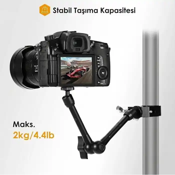 Coverzone Profesyonel Magic Arm DSLR Kamera Tutucu Süper Kelepçeli Mengene Stand, 1/4 3/8 Dişli Flaş Pabuçlu Esnek Mafsallı Kol Tripod Masa Gidon Monitör Mikrofon Aksiyon Kamera Sabitleme, MG01, Siyah