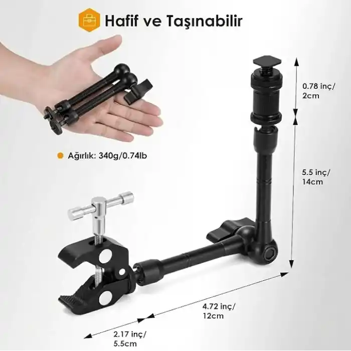 Coverzone Profesyonel Magic Arm DSLR Kamera Tutucu Süper Kelepçeli Mengene Stand, 1/4 3/8 Dişli Flaş Pabuçlu Esnek Mafsallı Kol Tripod Masa Gidon Monitör Mikrofon Aksiyon Kamera Sabitleme, MG01, Siyah