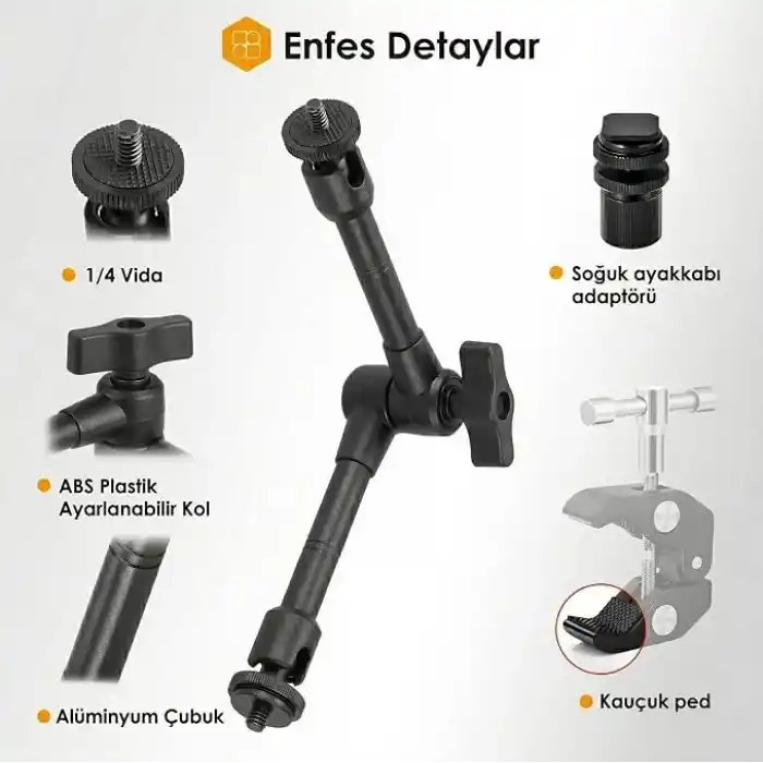 Coverzone Profesyonel Magic Arm DSLR Kamera Tutucu Süper Kelepçeli Mengene Stand, 1/4 3/8 Dişli Flaş Pabuçlu Esnek Mafsallı Kol Tripod Masa Gidon Monitör Mikrofon Aksiyon Kamera Sabitleme, MG01, Siyah