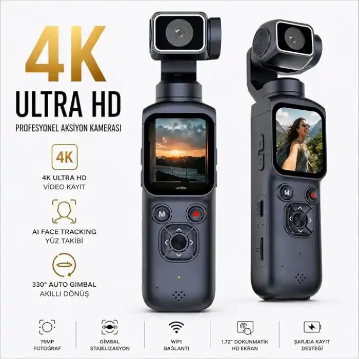 Robeve 4K Ultra Hd Gimbal Aksiyon Kamerası Aı Yüz Takipli Wifi Bağlantılı 330° Otomatik Stabilizasyonlu Taşınabilir Vlog ve Içerik Üretici Kamerası 75MP Fotoğraf Destekli Profesyonel Cep Kamerası