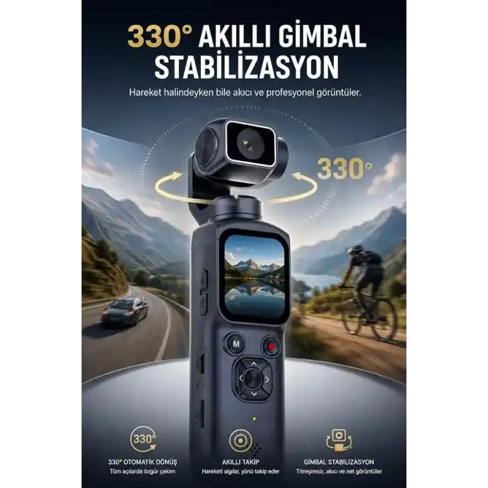 Robeve 4K Ultra Hd Gimbal Aksiyon Kamerası Aı Yüz Takipli Wifi Bağlantılı 330° Otomatik Stabilizasyonlu Taşınabilir Vlog ve Içerik Üretici Kamerası 75MP Fotoğraf Destekli Profesyonel Cep Kamerası