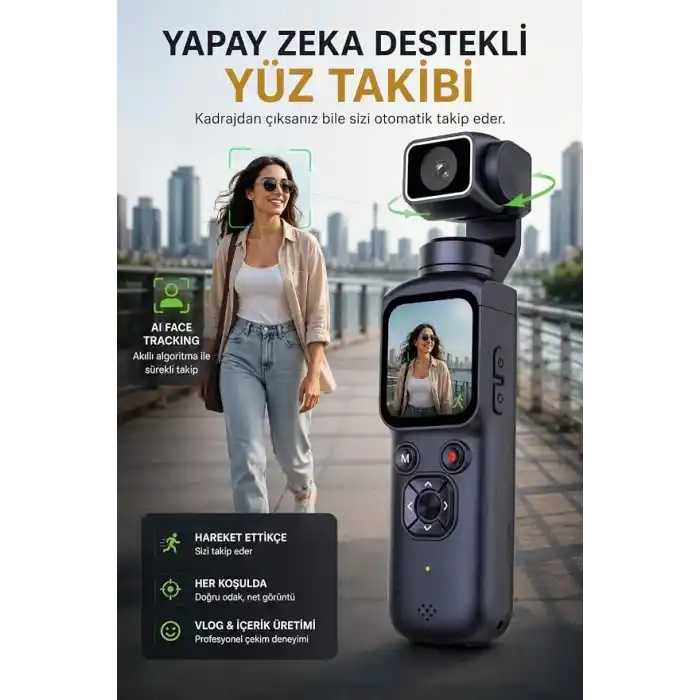 Robeve 4K Ultra Hd Gimbal Aksiyon Kamerası Aı Yüz Takipli Wifi Bağlantılı 330° Otomatik Stabilizasyonlu Taşınabilir Vlog ve Içerik Üretici Kamerası 75MP Fotoğraf Destekli Profesyonel Cep Kamerası