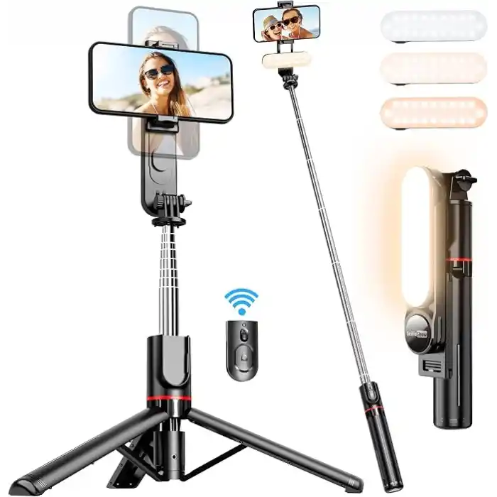 Çıkarılabilir Dolgu Işıklı Sabit Selfie Çubuğu Tripod, iPhone, Samsung, Huawei, Sony ve Diğer Akıllı Telefonlar için Kablosuz Uzaktan Kumandalı 360 ° Dönebilen Genişletilebilir Cep Telefonu Tripodu