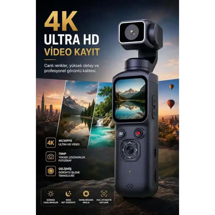 Robeve 4K Ultra Hd Gimbal Aksiyon Kamerası Aı Yüz Takipli Wifi Bağlantılı 330° Otomatik Stabilizasyonlu Taşınabilir Vlog ve Içerik Üretici Kamerası 75MP Fotoğraf Destekli Profesyonel Cep Kamerası