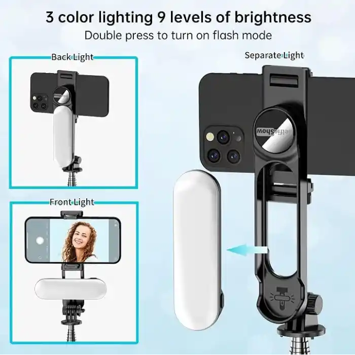 Çıkarılabilir Dolgu Işıklı Sabit Selfie Çubuğu Tripod, iPhone, Samsung, Huawei, Sony ve Diğer Akıllı Telefonlar için Kablosuz Uzaktan Kumandalı 360 ° Dönebilen Genişletilebilir Cep Telefonu Tripodu