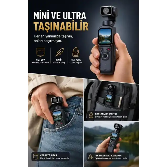 Robeve 4K Ultra Hd Gimbal Aksiyon Kamerası Aı Yüz Takipli Wifi Bağlantılı 330° Otomatik Stabilizasyonlu Taşınabilir Vlog ve Içerik Üretici Kamerası 75MP Fotoğraf Destekli Profesyonel Cep Kamerası