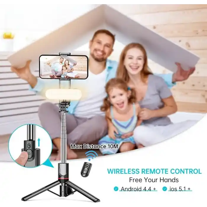 Çıkarılabilir Dolgu Işıklı Sabit Selfie Çubuğu Tripod, iPhone, Samsung, Huawei, Sony ve Diğer Akıllı Telefonlar için Kablosuz Uzaktan Kumandalı 360 ° Dönebilen Genişletilebilir Cep Telefonu Tripodu