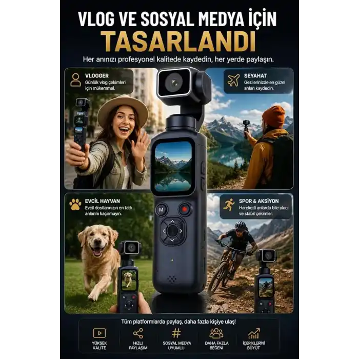 Robeve 4K Ultra Hd Gimbal Aksiyon Kamerası Aı Yüz Takipli Wifi Bağlantılı 330° Otomatik Stabilizasyonlu Taşınabilir Vlog ve Içerik Üretici Kamerası 75MP Fotoğraf Destekli Profesyonel Cep Kamerası