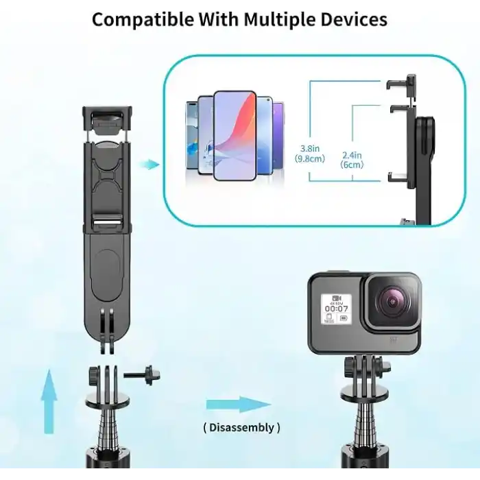Çıkarılabilir Dolgu Işıklı Sabit Selfie Çubuğu Tripod, iPhone, Samsung, Huawei, Sony ve Diğer Akıllı Telefonlar için Kablosuz Uzaktan Kumandalı 360 ° Dönebilen Genişletilebilir Cep Telefonu Tripodu