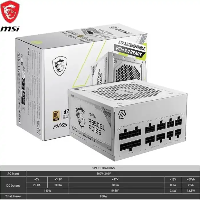 MSI MAG A850GL White 850W 80 Plus Gold 120mm Power Supply