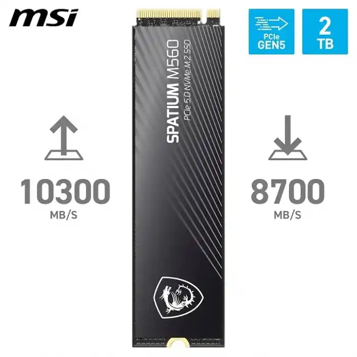 MSI SPATIUM M560 SSD 2 TB - PCIe 5.0 NVMe M.2 dahili katı hal sürücü, 10.300 MB/s okuma, 8.700 MB/s yazı, 3D NAND, entegre veri güvenliği, merkez, 5 yıl garanti (1200 TBW)