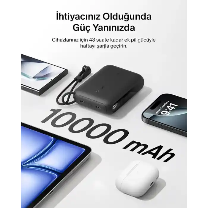 Belkin Taşınabilir Şarj Cihazı, 10.000 mAh USB-C İnce Güç Kaynağı, 2 USB-C Port, Dijital Pil Göstergesi, 20 W Hızlı Şarj, iPhone 17, 16 Serisi, Samsung Galaxy S25, S24, Pixel 9, iPad ve Fazlası, Siyah