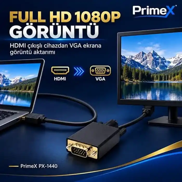 PrimeX PX-1440 1.8 Metre HDMI to VGA Görüntü Kablosu, HDMI Çıkıştan VGA Monitör Projeksiyona Dönüştürücü, PC Laptop PS5 Xbox Uyumlu, Full HD, Tek Yönlü