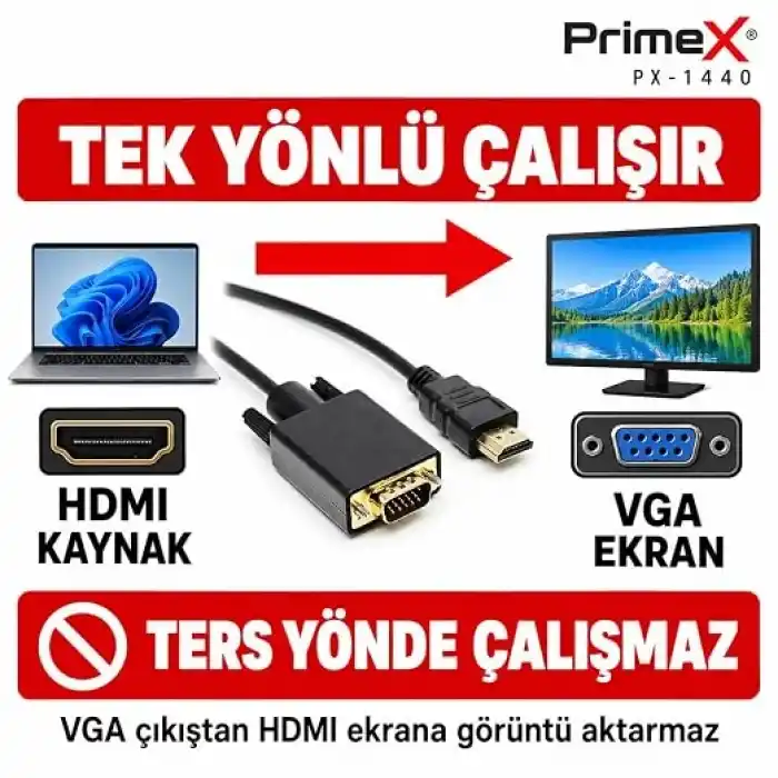 PrimeX PX-1440 1.8 Metre HDMI to VGA Görüntü Kablosu, HDMI Çıkıştan VGA Monitör Projeksiyona Dönüştürücü, PC Laptop PS5 Xbox Uyumlu, Full HD, Tek Yönlü