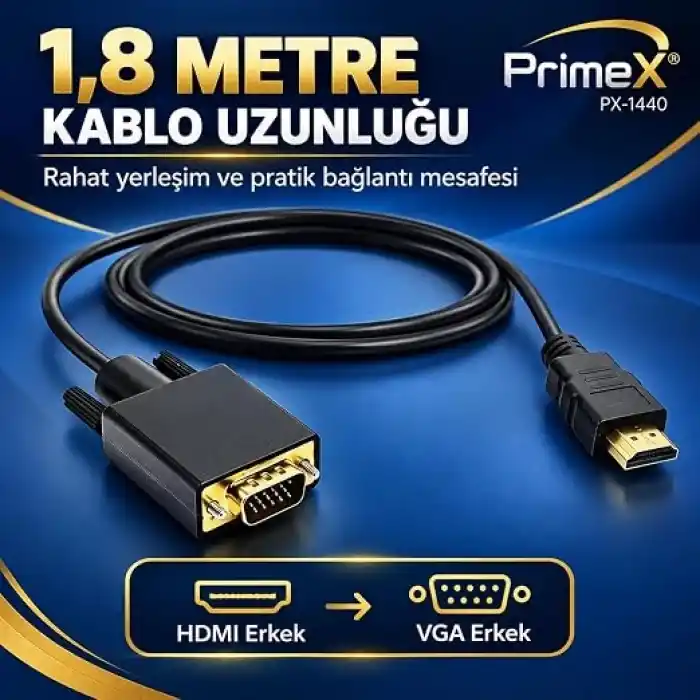 PrimeX PX-1440 1.8 Metre HDMI to VGA Görüntü Kablosu, HDMI Çıkıştan VGA Monitör Projeksiyona Dönüştürücü, PC Laptop PS5 Xbox Uyumlu, Full HD, Tek Yönlü