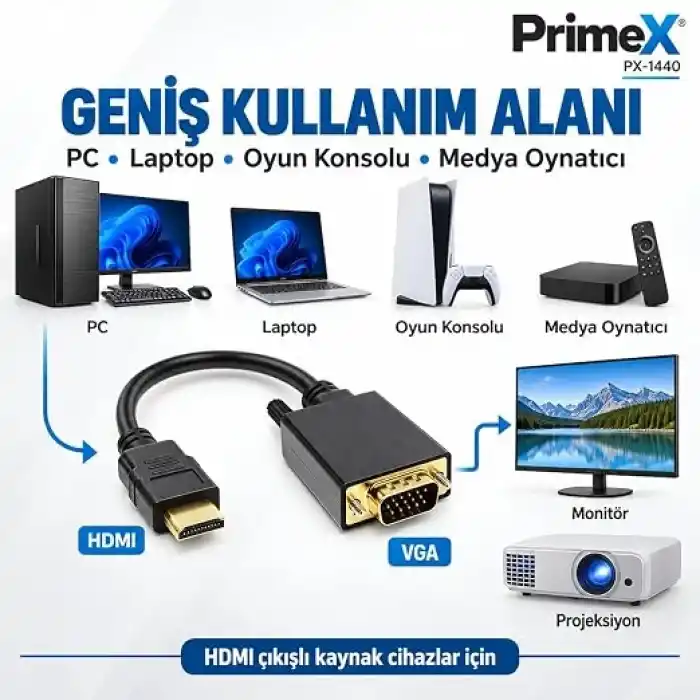 PrimeX PX-1440 1.8 Metre HDMI to VGA Görüntü Kablosu, HDMI Çıkıştan VGA Monitör Projeksiyona Dönüştürücü, PC Laptop PS5 Xbox Uyumlu, Full HD, Tek Yönlü