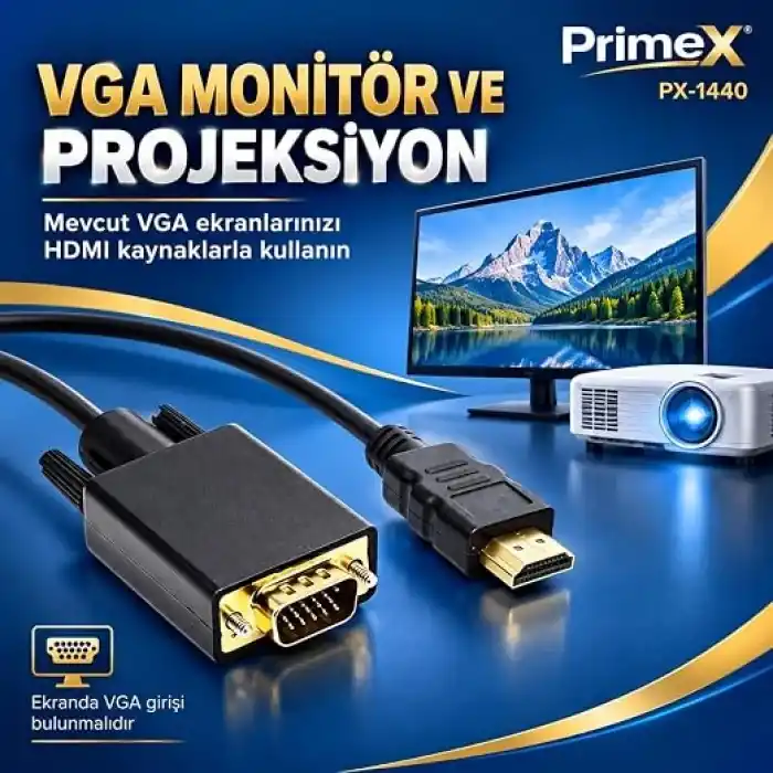 PrimeX PX-1440 1.8 Metre HDMI to VGA Görüntü Kablosu, HDMI Çıkıştan VGA Monitör Projeksiyona Dönüştürücü, PC Laptop PS5 Xbox Uyumlu, Full HD, Tek Yönlü
