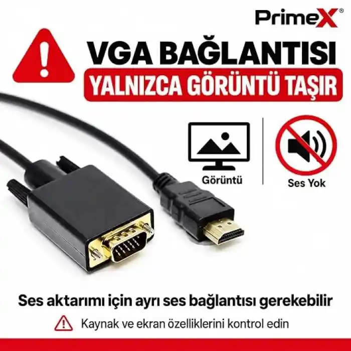 PrimeX PX-1440 1.8 Metre HDMI to VGA Görüntü Kablosu, HDMI Çıkıştan VGA Monitör Projeksiyona Dönüştürücü, PC Laptop PS5 Xbox Uyumlu, Full HD, Tek Yönlü