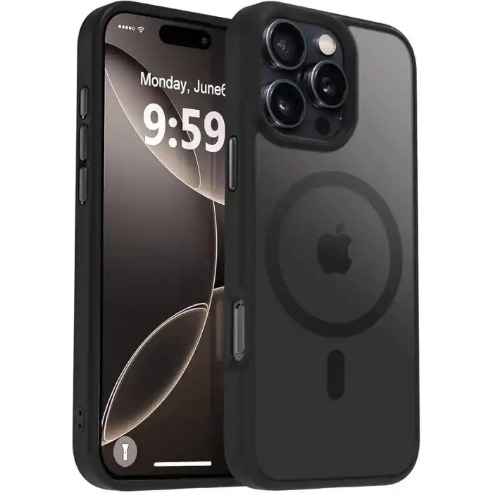 URUCHI Güçlü Manyetik Telefon Kılıfı, [Mag-Safe ile Uyumlu] [Askeri Düzey Düşme Koruması] [Güçlü Silikon Kenarlar] İnce Yarı Saydam Mat Koruyucu Kılıf (Siyah, iPhone 15 6,1 inç)