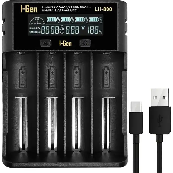 I-Gen Batteries Lii-800 Akıllı Li-ion Pil Şarj Cihazı, Type-C Girişli, LCD Ekranlı, 4 Slot Şarj, Li-ion & Ni-MH Uyumlu (18650/21700 / AA/AAA)