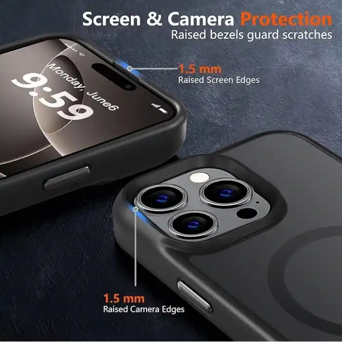 URUCHI Güçlü Manyetik Telefon Kılıfı, [Mag-Safe ile Uyumlu] [Askeri Düzey Düşme Koruması] [Güçlü Silikon Kenarlar] İnce Yarı Saydam Mat Koruyucu Kılıf (Siyah, iPhone 15 6,1 inç)