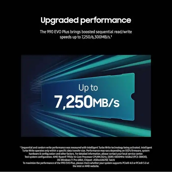 Samsung 990 EVO Plus - 2TB PCIe Gen4 X4 / Gen5. X2 NVMe 2.0 SSD M.2 Dahili 7,250 MB/sye kadar hız, PC/dizüstü bilgisayar depolama alanı, HMB teknolojisi ve turbo yazma teknolojisi