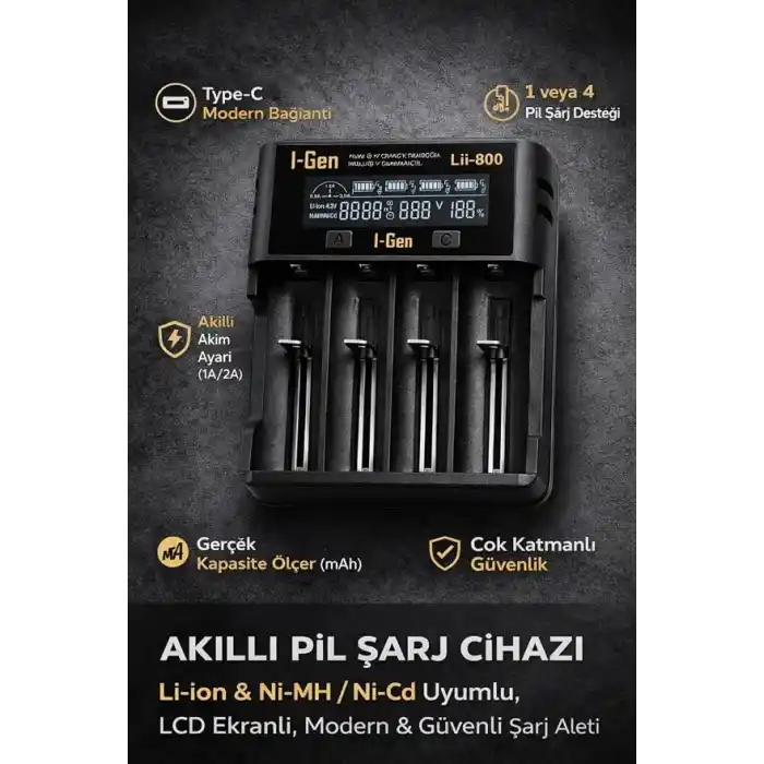 I-Gen Batteries Lii-800 Akıllı Li-ion Pil Şarj Cihazı, Type-C Girişli, LCD Ekranlı, 4 Slot Şarj, Li-ion & Ni-MH Uyumlu (18650/21700 / AA/AAA)