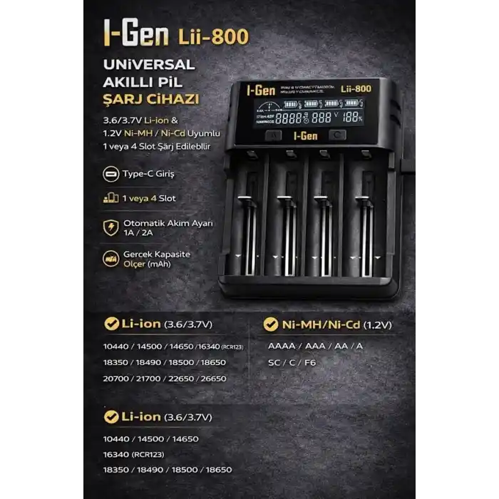 I-Gen Batteries Lii-800 Akıllı Li-ion Pil Şarj Cihazı, Type-C Girişli, LCD Ekranlı, 4 Slot Şarj, Li-ion & Ni-MH Uyumlu (18650/21700 / AA/AAA)