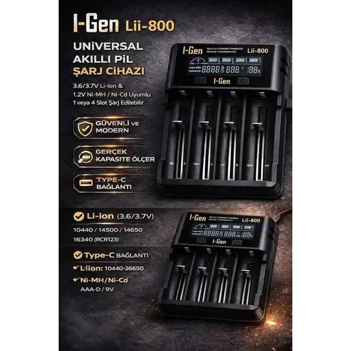 I-Gen Batteries Lii-800 Akıllı Li-ion Pil Şarj Cihazı, Type-C Girişli, LCD Ekranlı, 4 Slot Şarj, Li-ion & Ni-MH Uyumlu (18650/21700 / AA/AAA)