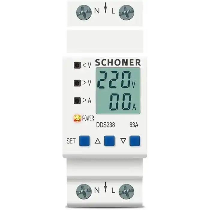 SCHONER® Gerilim Koruma Rölesi Yüksek Alçak Voltaj Akım Koruma Monofaze 63A Voltaj Koruyucu