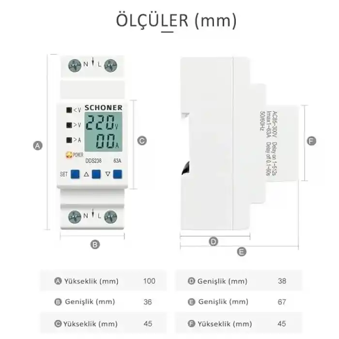 SCHONER® Gerilim Koruma Rölesi Yüksek Alçak Voltaj Akım Koruma Monofaze 63A Voltaj Koruyucu