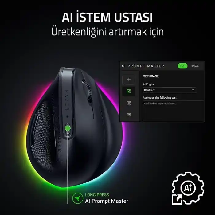 Razer Pro Click V2 Vertical - Sağ elini kullanan kullanıcılar için dikey ergonomik kablosuz fare - AI İstemi Yardımı - 30K Optik Sensör - Windows & Mac (9 aya kadar pil ömrü) Siyah