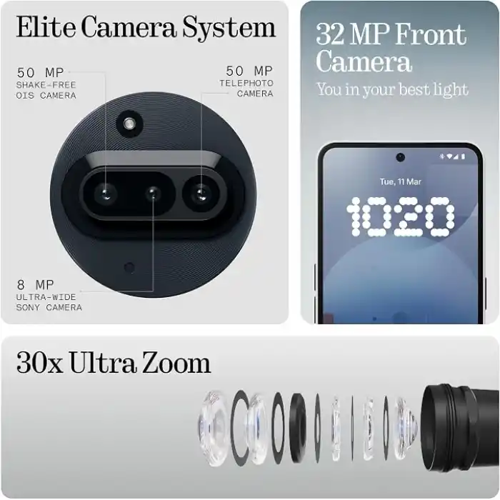 Nothing Phone (3a) 128 GB - 32 MP ön kameralı akıllı telefon, 30 x ultra zoom, 50 W hızlı şarj ve 6,77 inç, 120 Hz AMOLED ekran - siyah