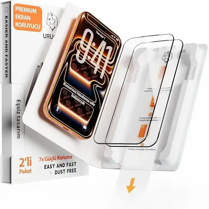 URUCHI 2li Paket Kolay Kurulum iPhone 18 Pro Max / 17 Pro Max ile Uyumlu Ekran Koruyucu, Ultra HD Netlik & İnce Siyah Çerçeve, 9H+ Kırılmaz Cam, Tam Kaplama, UltraFit Kurulum Aparatı ile