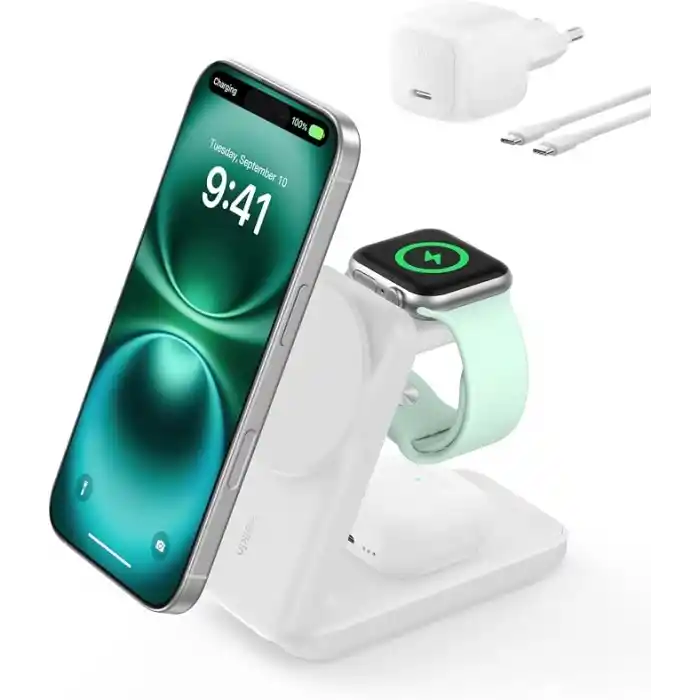 Belkin UltraCharge 3’ü 1 Arada Qi2 Manyetik Kablosuz Şarj 25 W, Beyaz