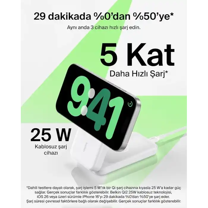 Belkin UltraCharge 3’ü 1 Arada Qi2 Manyetik Kablosuz Şarj 25 W, Beyaz
