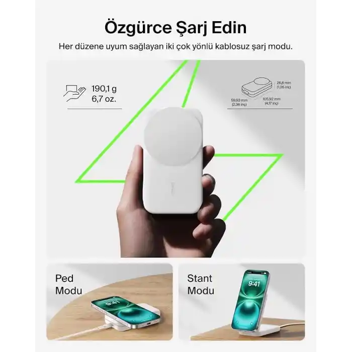 Belkin UltraCharge 3’ü 1 Arada Qi2 Manyetik Kablosuz Şarj 25 W, Beyaz