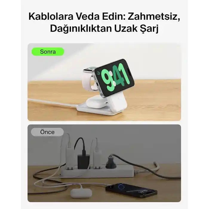 Belkin UltraCharge 3’ü 1 Arada Qi2 Manyetik Kablosuz Şarj 25 W, Beyaz